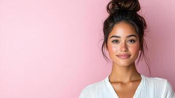 Beautiful young woman with a messy bun and pink background photo