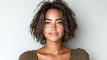 A beautiful woman with a short brown hair photo