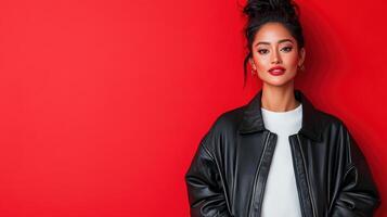 Confident Asian woman in trendy outfit against red background photo