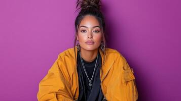 Confident Asian woman in trendy outfit against vibrant purple background photo