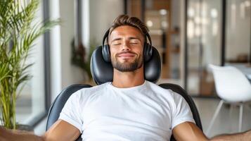 Relaxed man enjoying music in dental chair, creating calm atmosphere photo