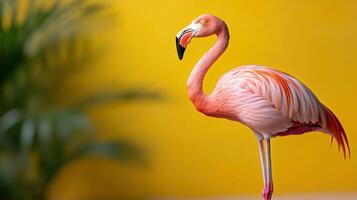 bright pink flamingo stands gracefully against sunny yellow background photo