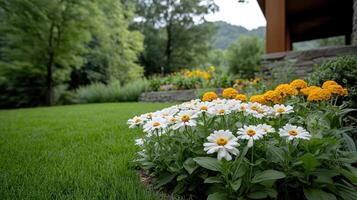 charming garden with vibrant daisies and marigolds in bloom photo