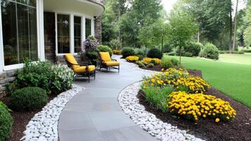 charming garden with colorful flowers and cozy seating areas invites relaxation photo