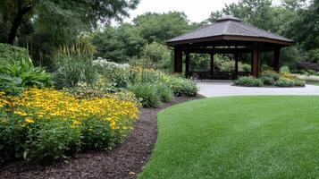 charming garden with colorful flowers and quaint gazebo invites relaxation photo