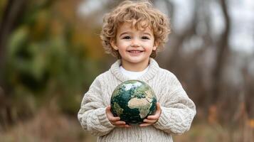 child holding globe, smiling with sense of hope for future photo