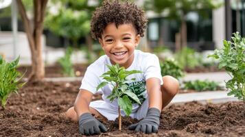 Child planting tree in community garden, smiling joyfully photo