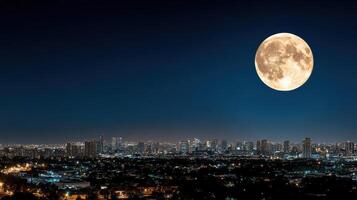 city skyline with clear view of moon at night, creating serene atmosphere photo