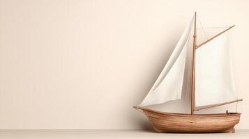 classic wooden ship model on light beige background, showcasing elegance photo