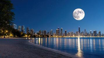 city skyline with clear view of moon over calm lake at night photo