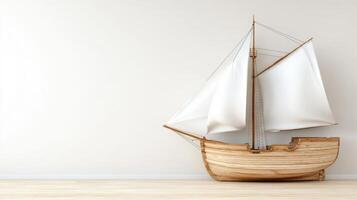 classic wooden ship model isolated on light beige background, evoking nostalgia photo