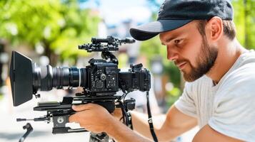 film editor focuses intently on camera setup outdoors, capturing scene photo