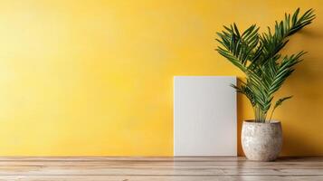 bright yellow wall with blank canvas and potted plant photo