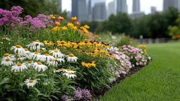 Colorful garden with seasonal flowers and green grass in urban setting photo