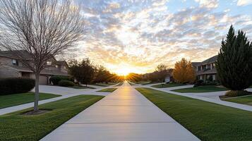 colorful sunrise over quiet suburban neighborhood, creating serene atmosphere photo