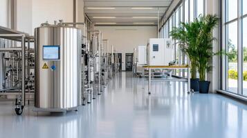 Modern factory interior with purification equipment and large windows photo