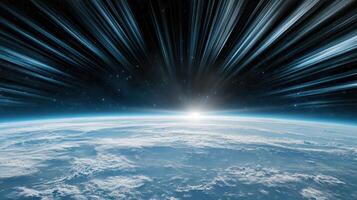 stunning view of Earth from space, showcasing rays of light and clouds photo