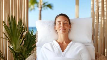 Relaxing woman enjoying serene outdoor therapy session by sea photo