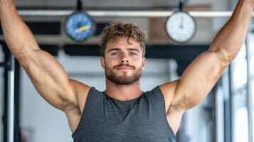 Strong man lifting weights with defined arms in gym setting photo