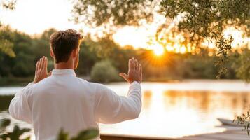 Practicing tai chi by serene lake at sunset, promoting tranquility and focus photo