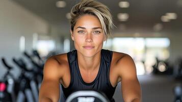 Strong woman with athletic build engaging in fitness activity indoors photo