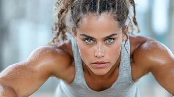 Intense focus of woman during fitness challenge in gym environment photo
