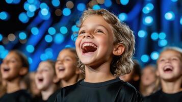 Joyful child singing in choir during festive event with bright lights photo