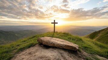 peaceful landscape with cross on hill at sunset, symbolizing hope photo