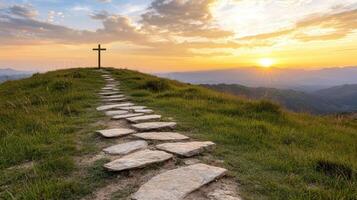 serene landscape featuring cross on hill at sunset, symbolizing peace and hope photo