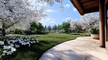 peaceful orchard in bloom with flowers and lush greenery under clear sky photo