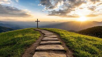 serene landscape featuring cross on hill, symbolizing peace and hope photo