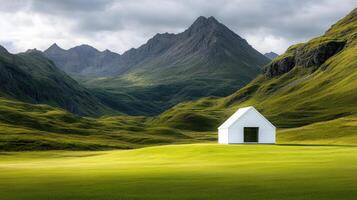 serene mountain landscape featuring small white chapel surrounded by lush greenery photo