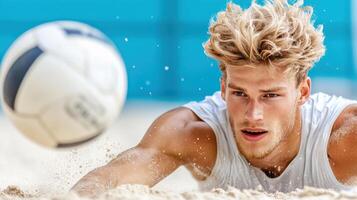 player diving for ball with intensity, sand flying around him photo
