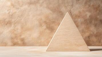 pyramid sculpture stands against textured beige wall, showcasing simplicity photo