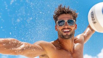 Man spiking volleyball with intensity, sand flying, sunny beach scene photo