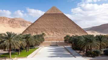 majestic pyramid stands tall amidst lush palm trees, creating stunning contrast photo
