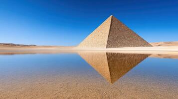 pyramid reflected in tranquil oasis surrounded by desert sands photo
