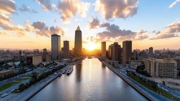 Stunning sunset over city skyline with river view and skyscrapers photo