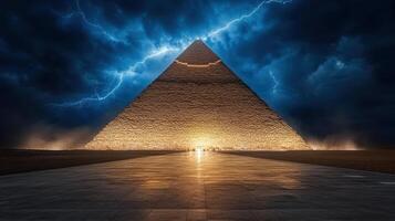 pyramid illuminated by dramatic lightning against stormy sky photo