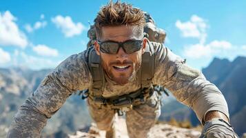 Determined soldier climbing hill, showcasing strength and resilience photo