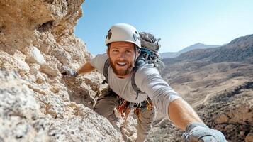 Climber scaling rocky hill, showcasing determination and adventure photo