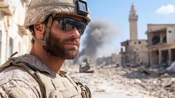 soldier stands in war torn city, smoke rising in background, showcasing resilience photo