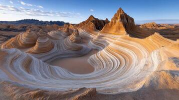 Surreal mountain range with twisting peaks and layered formations photo