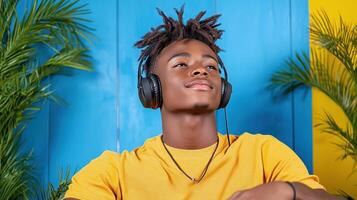 Teenager enjoying music with headphones in colorful room, relaxed vibe photo