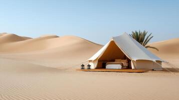 traditional tent set up in serene desert oasis with soft sand dunes photo