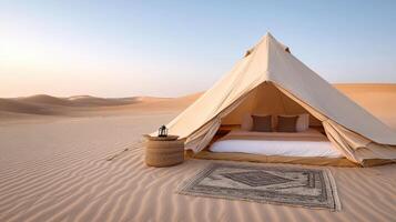 traditional tent set up in serene desert oasis, offering comfort and tranquility photo