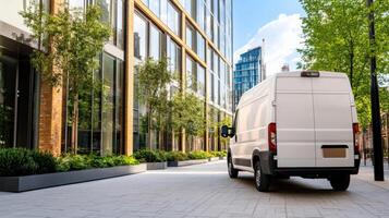 Modern delivery van parked in front of contemporary office building photo