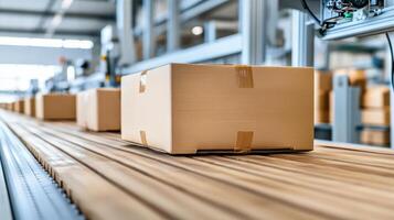 Automated packaging line with cardboard boxes on conveyor belt photo