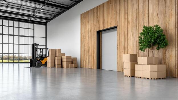 Efficient logistic warehouse with stacked boxes and forklift ready for use photo