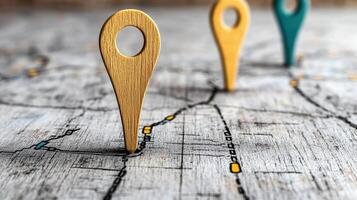 Wooden map markers on detailed map, indicating routes and destinations photo